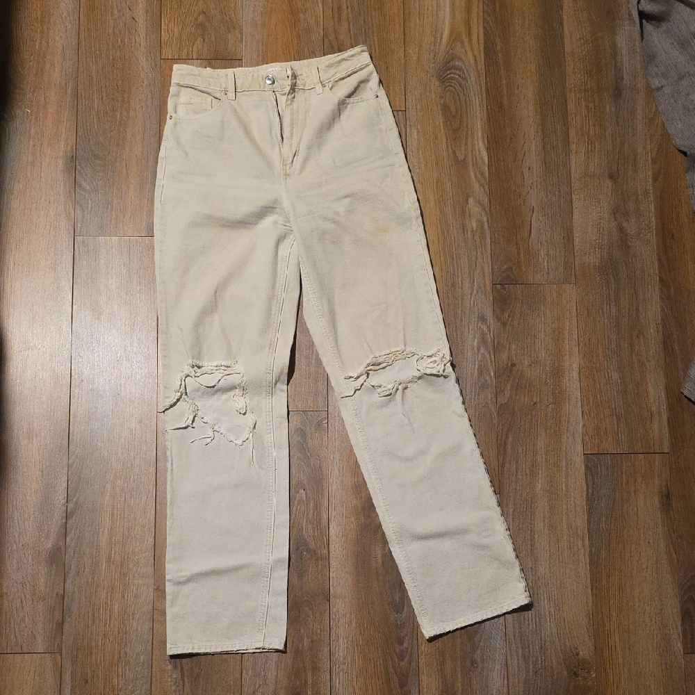 PacSun Cream Distressed Straight Leg Jeans